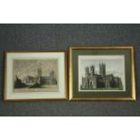 Two 19th century hand coloured engravings, cathedrals, framed and glazed. H.52 W.60cm. (largest)