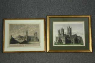 Two 19th century hand coloured engravings, cathedrals, framed and glazed. H.52 W.60cm. (largest)