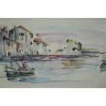 Watercolour, Mediterranean harbour town, framed and glazed, unsigned. H.63 W.79cm.