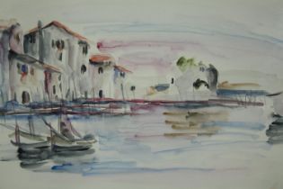 Watercolour, Mediterranean harbour town, framed and glazed, unsigned. H.63 W.79cm.