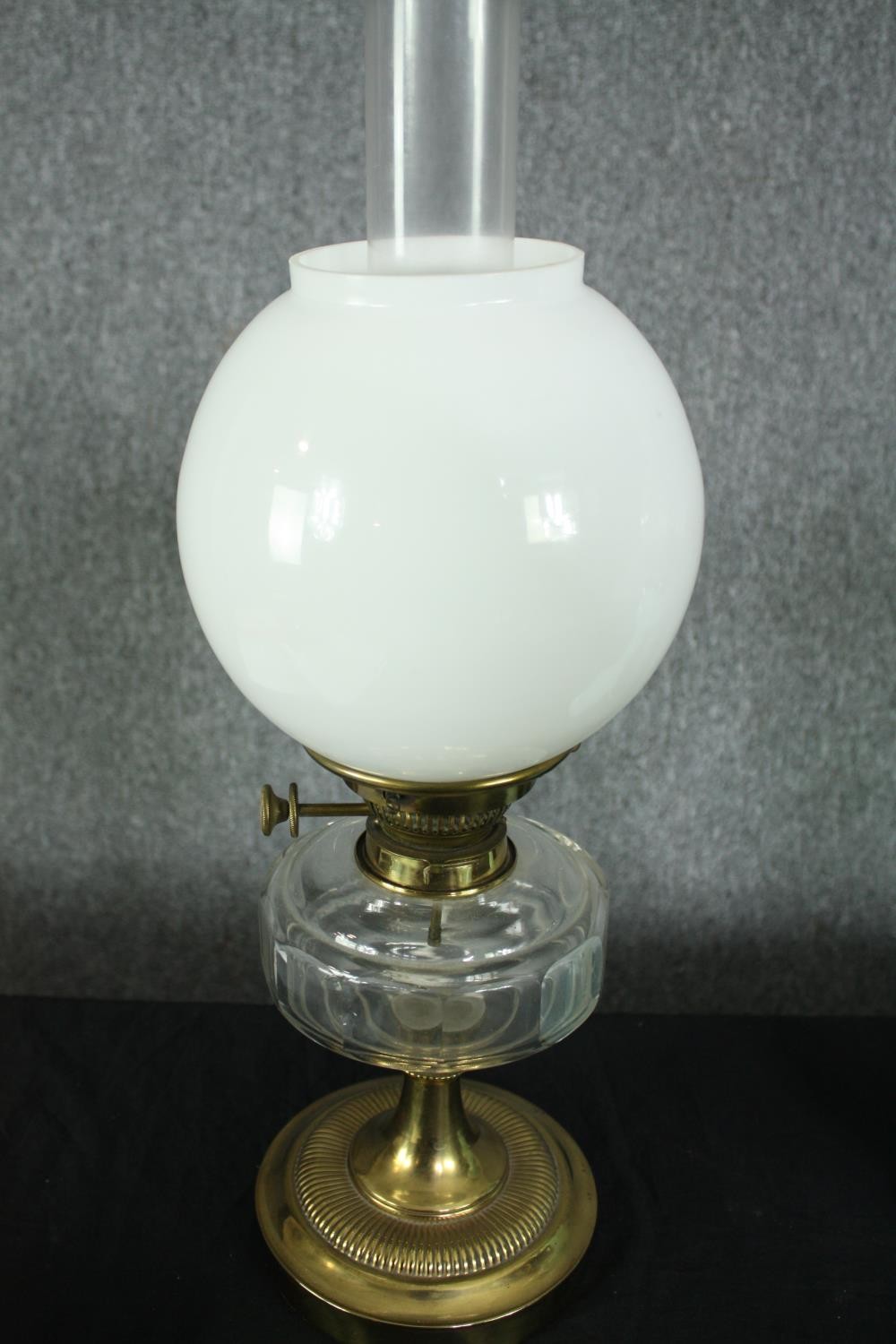 Two 19th century glass oil lamps, both wired for electricity. H.54cm. (largest). - Image 6 of 7