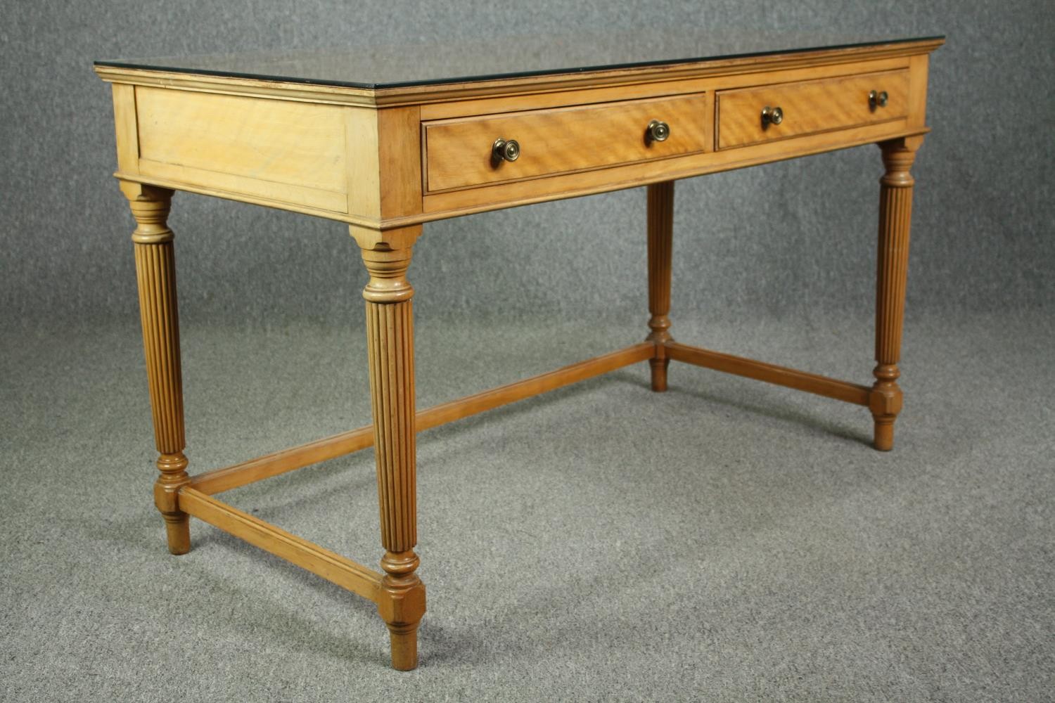 An early 19th century satinwood writing table with composite top under plate glass, stamped - Image 4 of 10