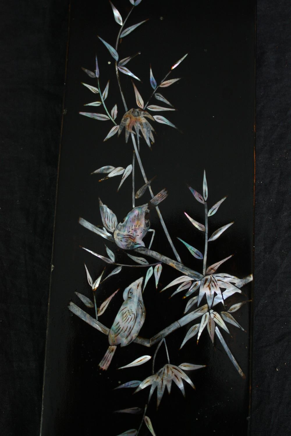 A set of three mother of pearl panels, a lidded papier mache pencil box and a small papier mache - Image 5 of 12