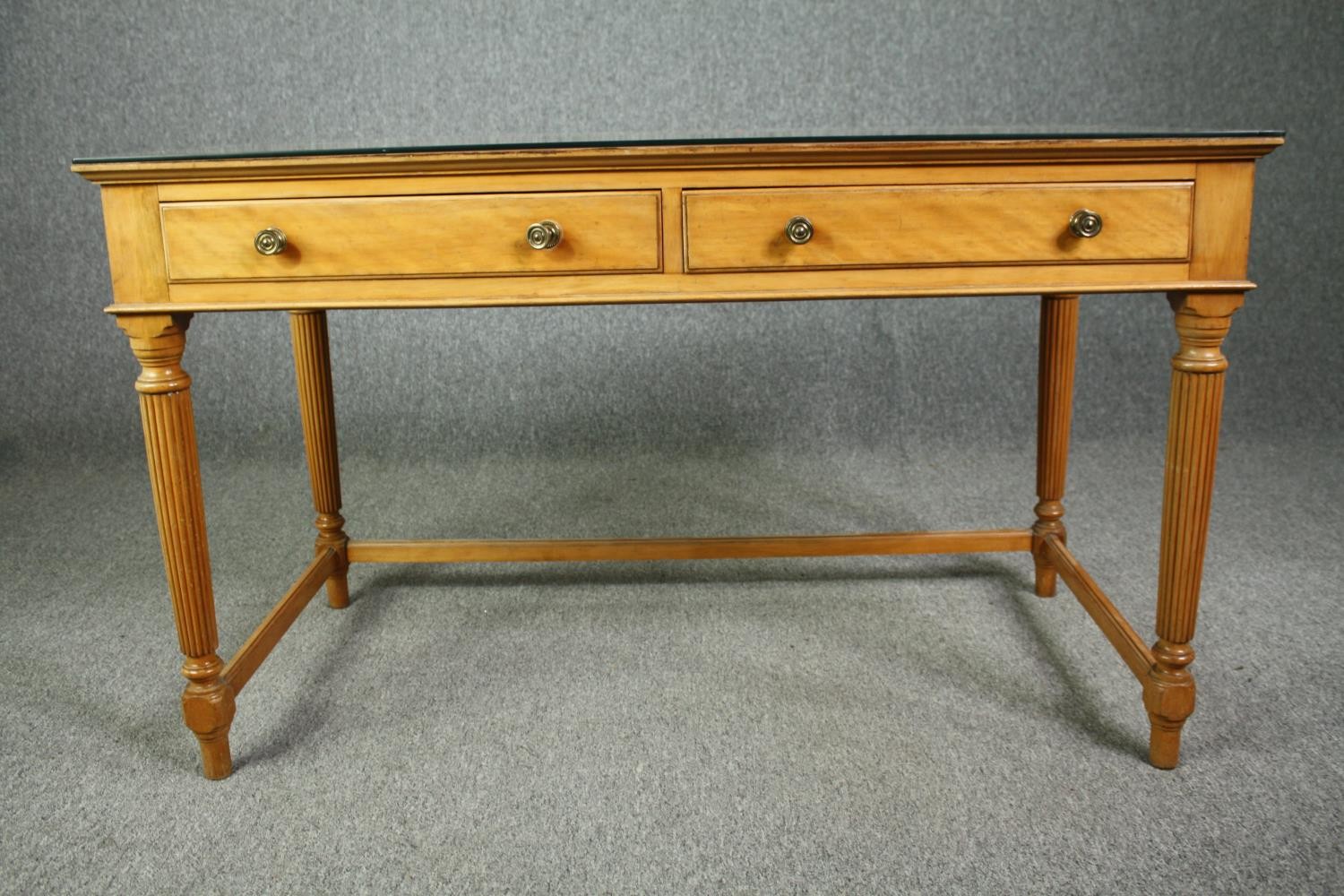 An early 19th century satinwood writing table with composite top under plate glass, stamped - Image 3 of 10
