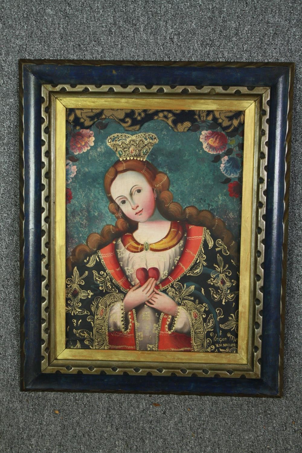 Cusco school, early 20th century, Oil on canvas, portrait of the Virgin Mary, signed V M Navarro. - Image 2 of 4