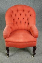 Bedroom chair, Victorian mahogany in deep buttoned upholstery. H.93cm.