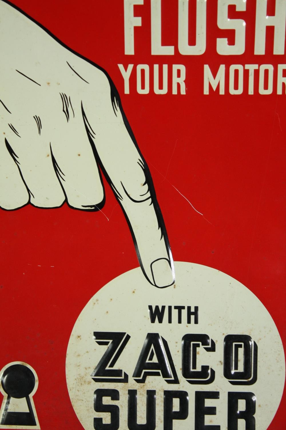 A pressed metal advertising sign for Zaco Super. H.61 W.29cm.