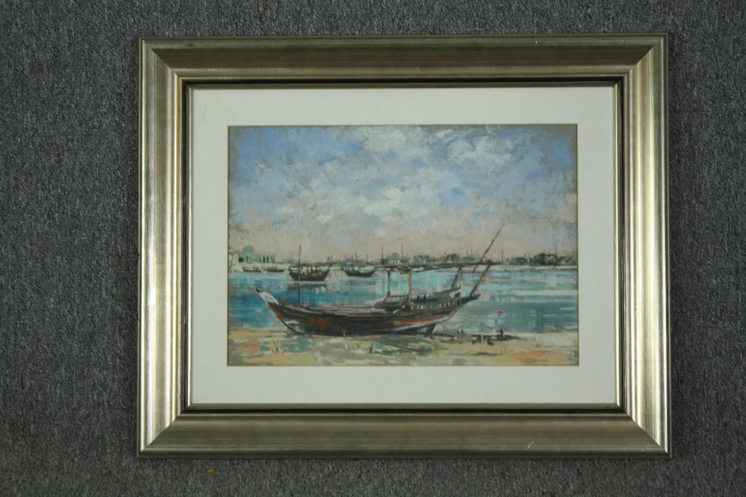 A framed and glazed pastel, signed S Dakakani with label to the reverse; Bateen Dhow, Abu Dhabi. H. - Image 2 of 5