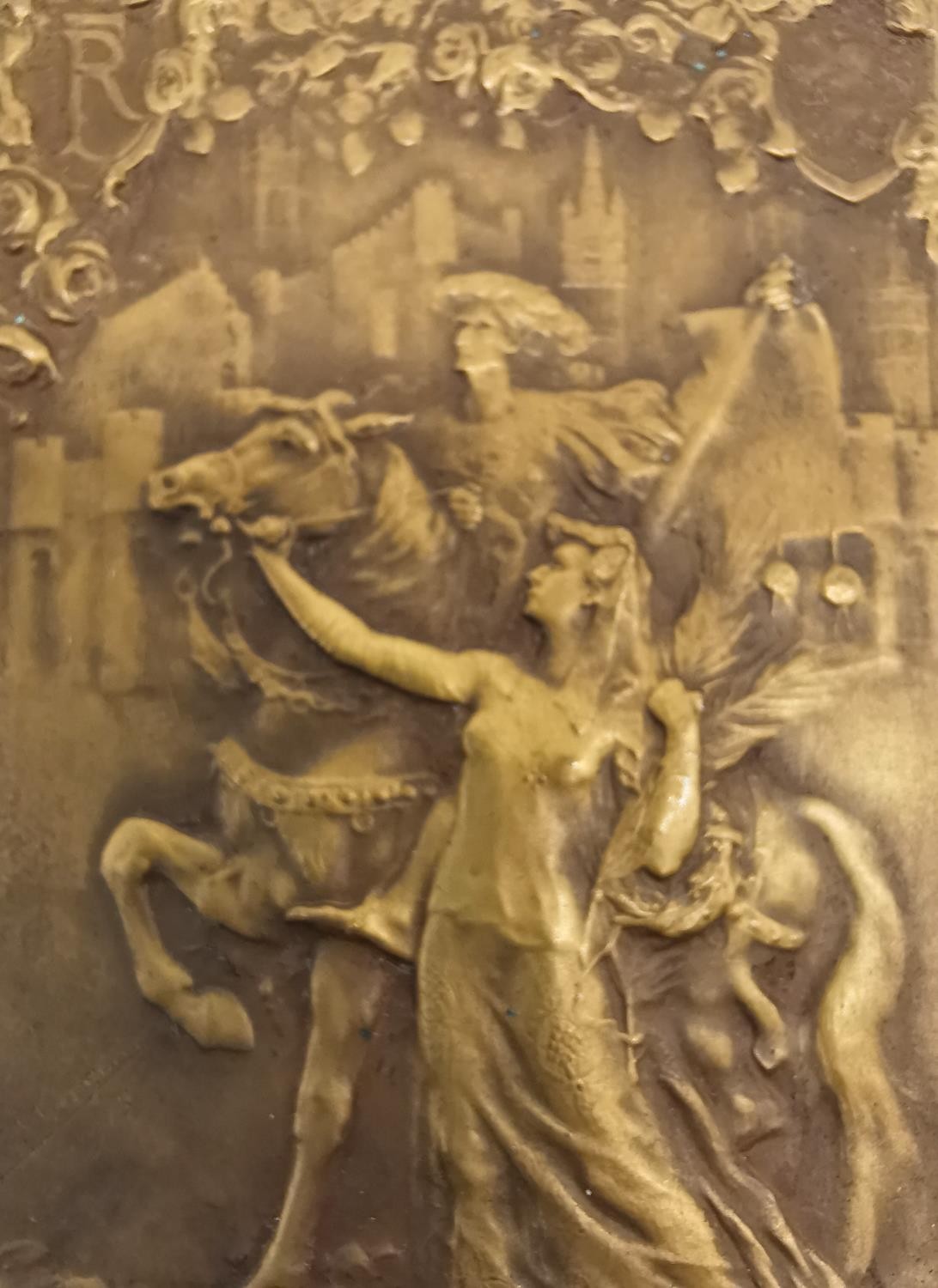 René Grégoire (1871-1945), A early 20th century Art Nouveau bronze plaque depicting a maiden with - Image 2 of 6