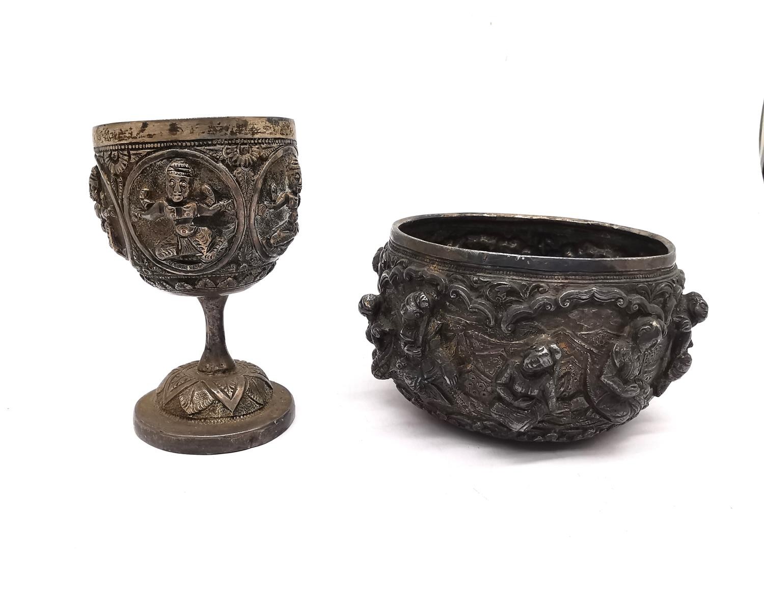 Two 19th century Burmese white metal repousse items, a sculptural figural design bowl with Burmese