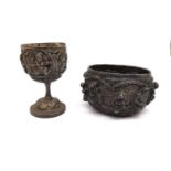 Two 19th century Burmese white metal repousse items, a sculptural figural design bowl with Burmese