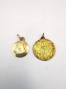 Two yellow metal st Christopher's, one Greek yellow metal (tests as 18ct) depicting Mary and Jesus