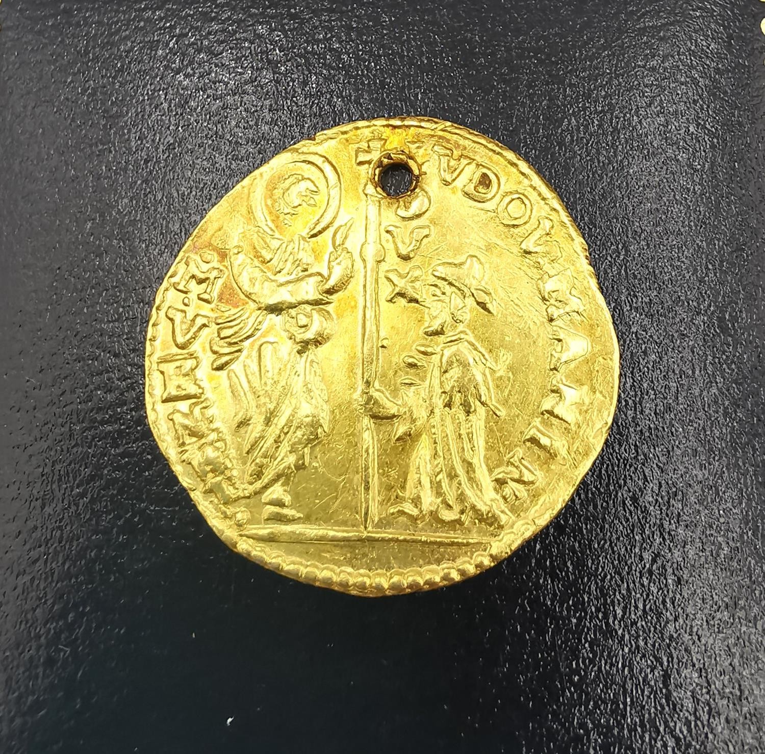 A Venetian gold one Zecchino, Francis II (1779-89). (pierced) Diameter 2.1cm. Weight 3.47g. - Image 2 of 2