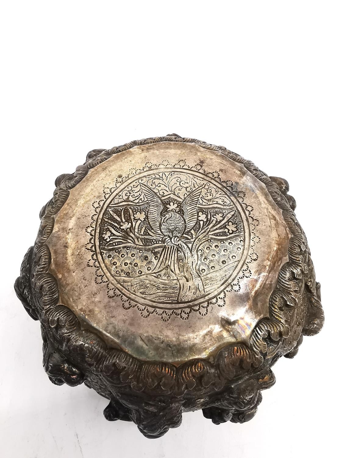 Two 19th century Burmese white metal repousse items, a sculptural figural design bowl with Burmese - Image 3 of 5
