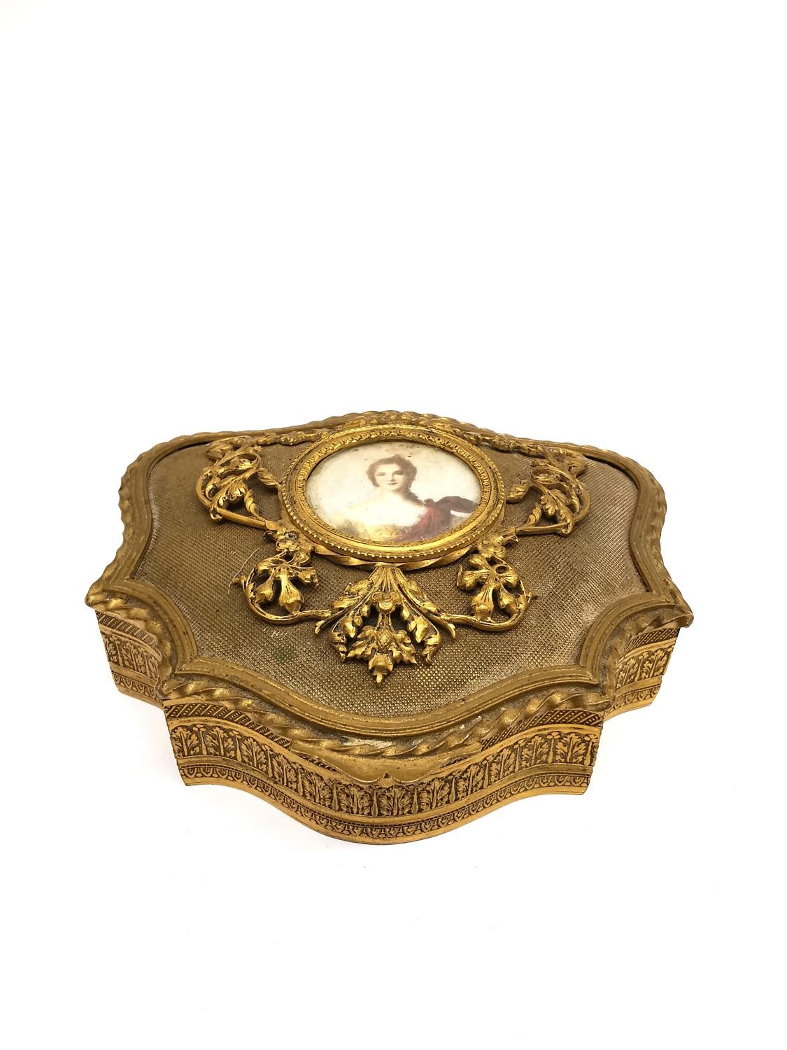 A 19th century French gilt brass ormolus jewellery box with painted portrait plaque to the lid. - Image 2 of 8