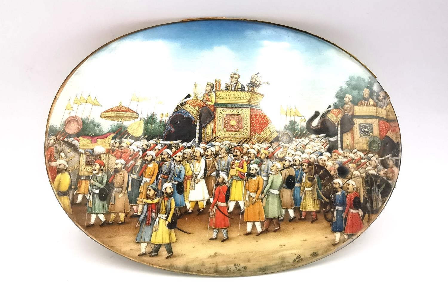 A 19th century Indian Mughal oval miniature on ivory of a royal procession, Akbar Shah II on - Image 2 of 8