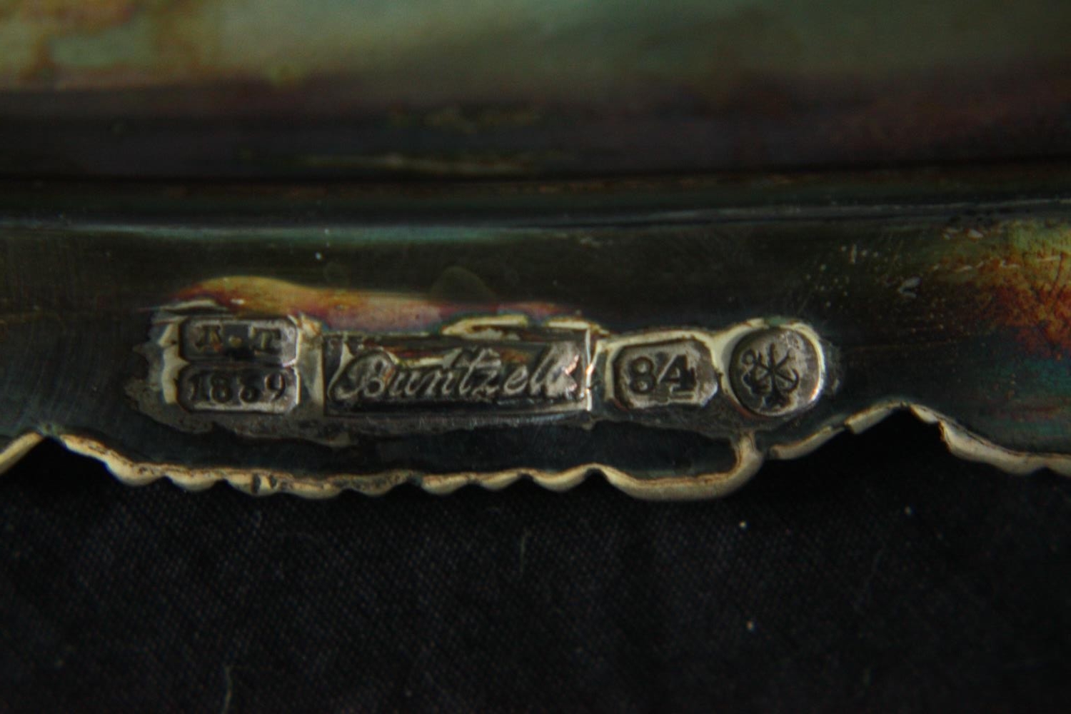 A large 19th century Russian Buntzelb 800 silver oval platter with scalloped edge, signed all over - Image 7 of 8
