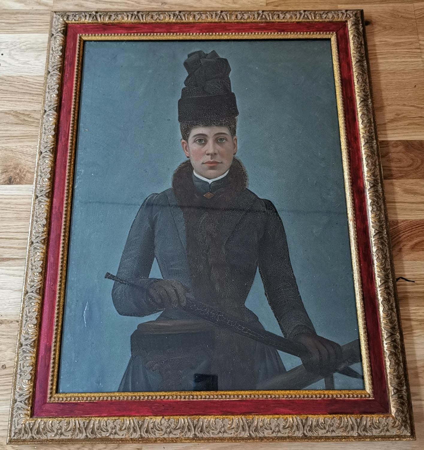 A 19th century oil on canvas on board portrait of a Russian lady in hat and fur collar coat. - Image 3 of 6