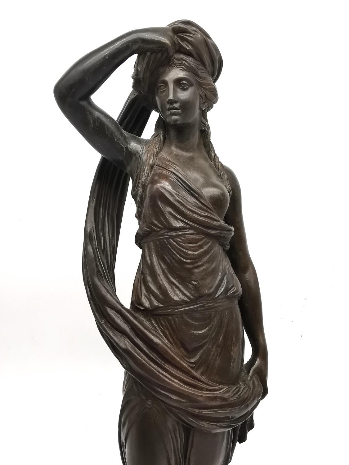 A 19th century bronze sculpture of a classical lady in draping robes removing her head cloth, - Image 3 of 8