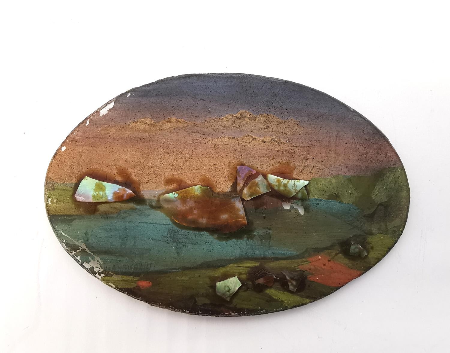 An oval reverse painted miniature on glass of people fishing with mother of pearl detailing to the - Image 3 of 6