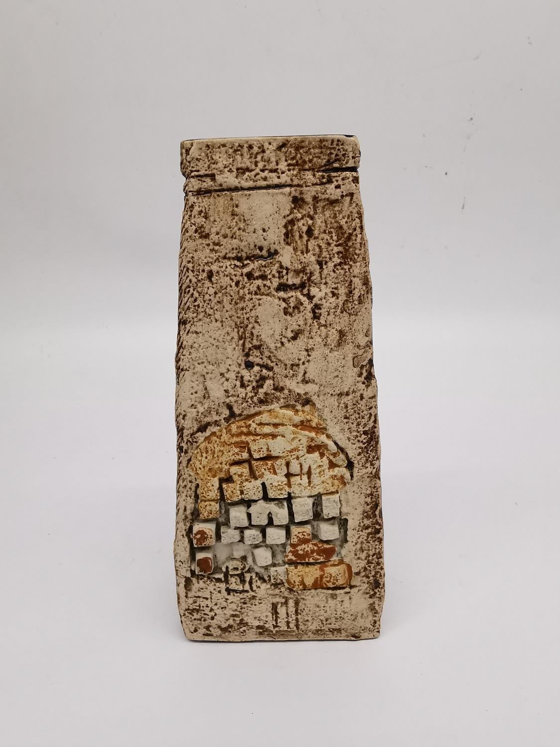 A 1970's Cornish Troika pottery coffin vase, one side abstract block design, the other a domino with - Image 3 of 7