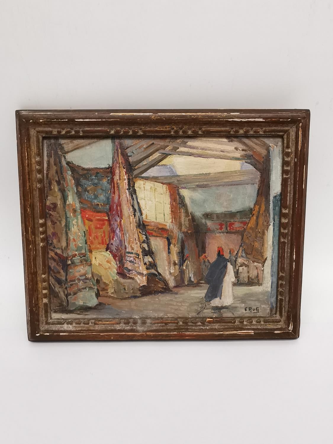 Emma Ruff, oil on board of an eastern market, signed and label verso. Framed. H20.5 W.17cm - Image 2 of 6