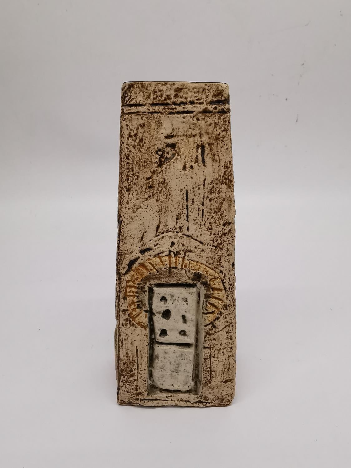 A 1970's Cornish Troika pottery coffin vase, one side abstract block design, the other a domino with