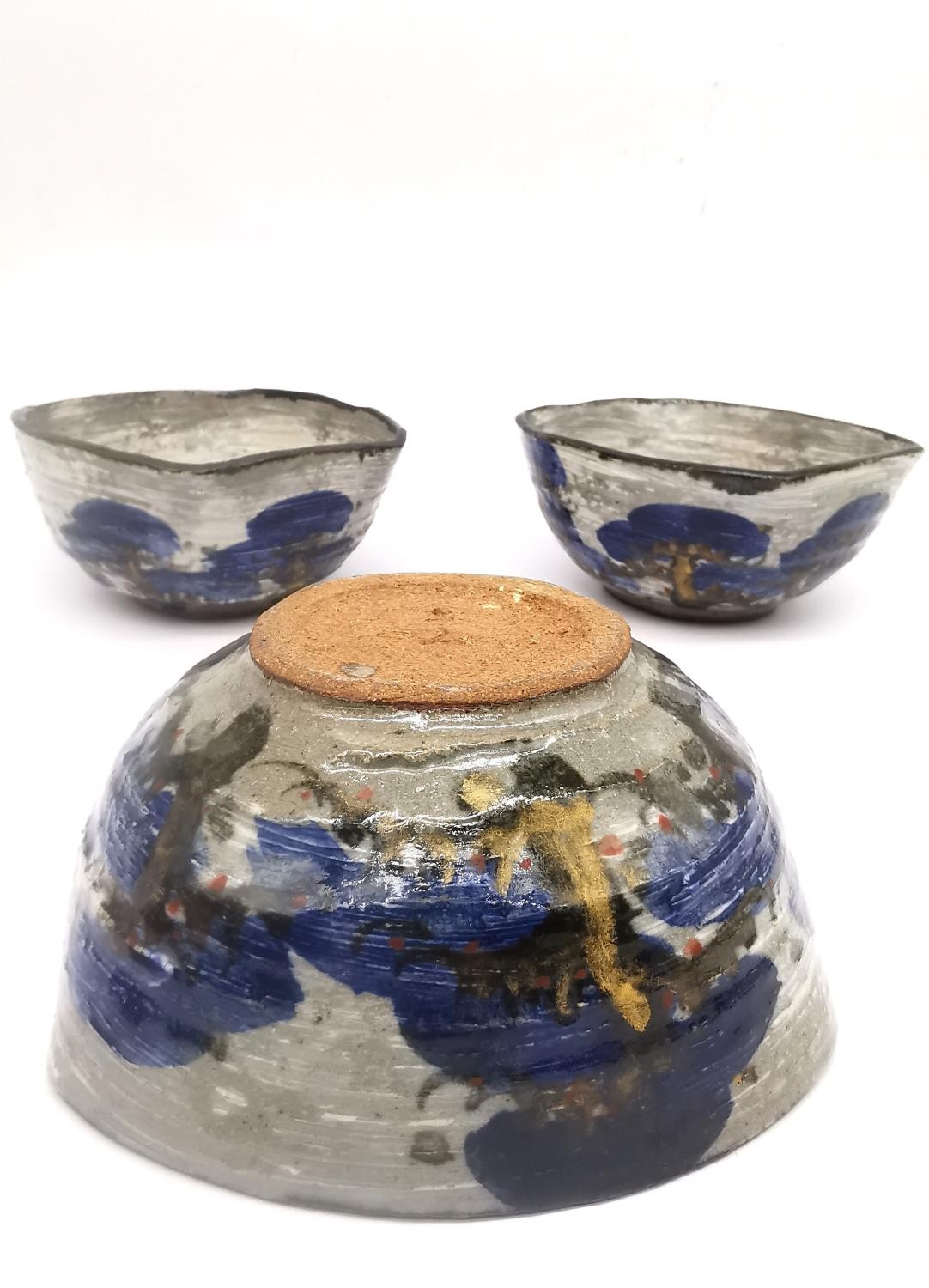 Three Japanese pottery bowls with abstract blue trees on grey ground of squared off form along - Image 2 of 7