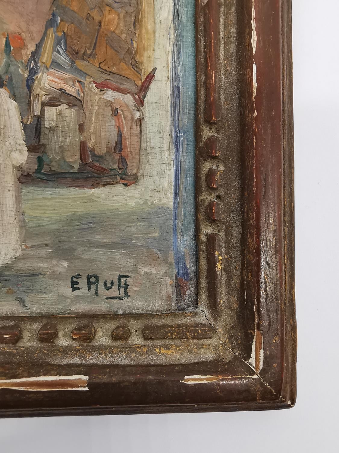 Emma Ruff, oil on board of an eastern market, signed and label verso. Framed. H20.5 W.17cm - Image 4 of 6