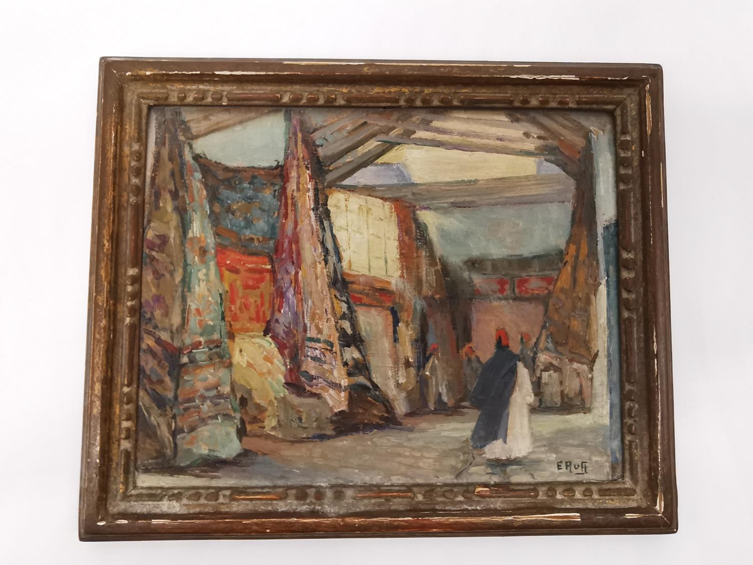 Emma Ruff, oil on board of an eastern market, signed and label verso. Framed. H20.5 W.17cm - Image 3 of 6