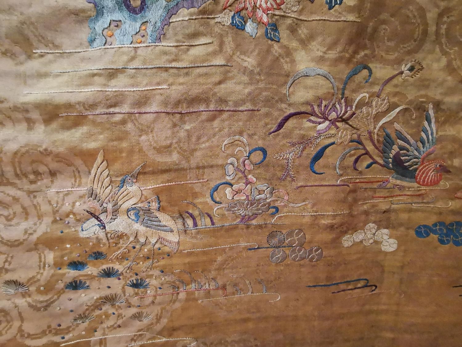 A Chinese 19th Chinese silk embroidered wall hanging decorated with a tree with birds and - Image 16 of 20