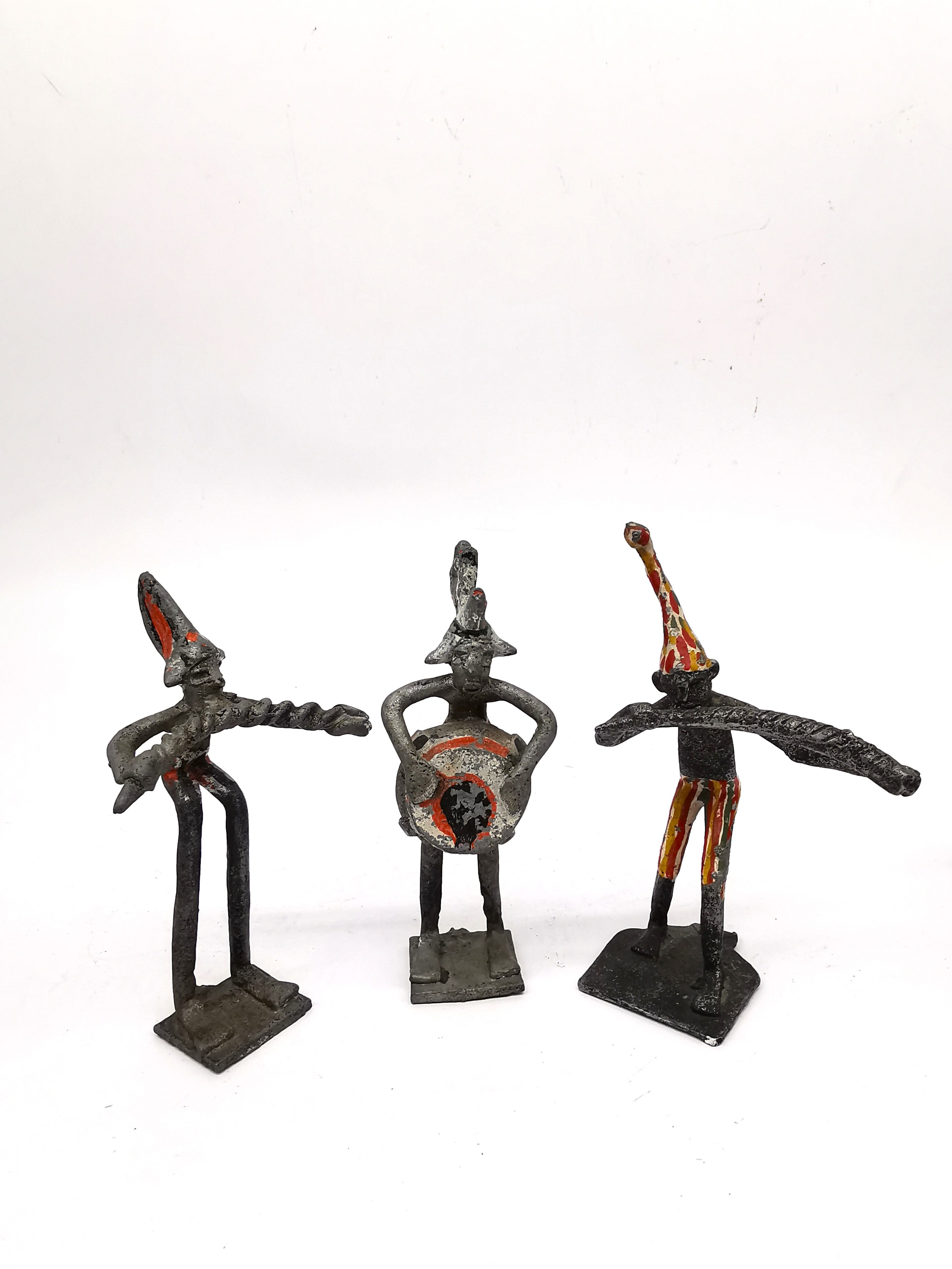 Eight vintage Akan Ashanti painted metal tribal figures of musicians. Tallest 17cm. - Image 3 of 6