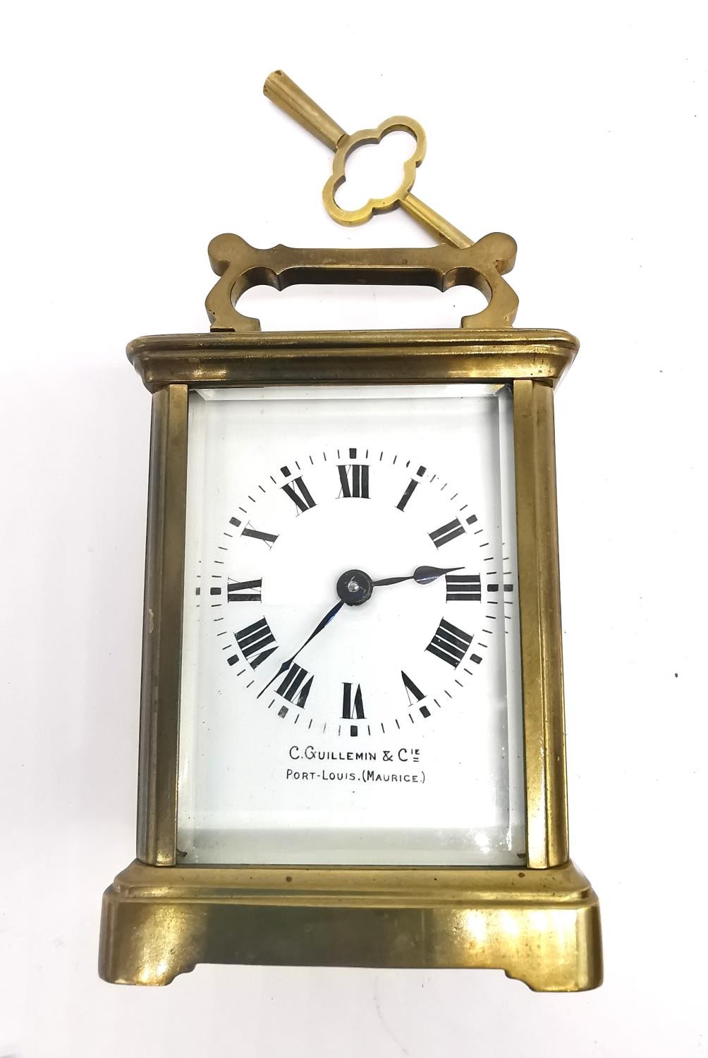 A late 19th century brass leather cased travelling carriage clock with skeleton movement and key. - Image 17 of 17