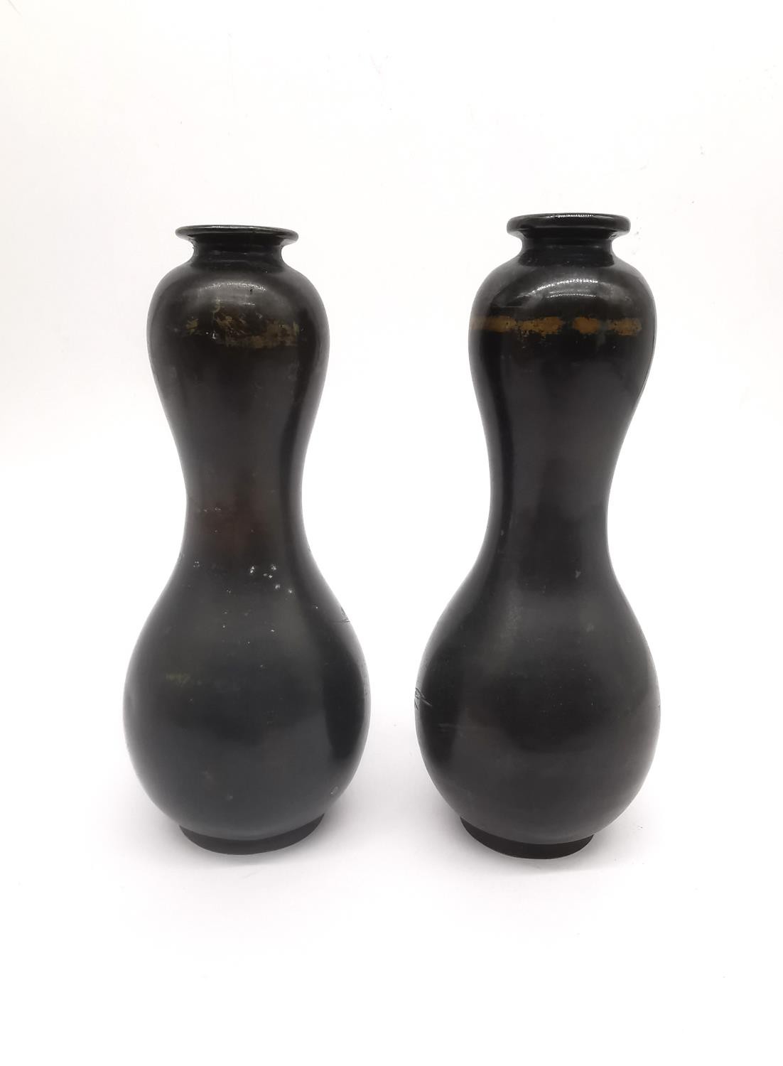 A pair of 19th century bronze Japanese double gourde vases incised with prunus branches and inlaid - Image 3 of 6