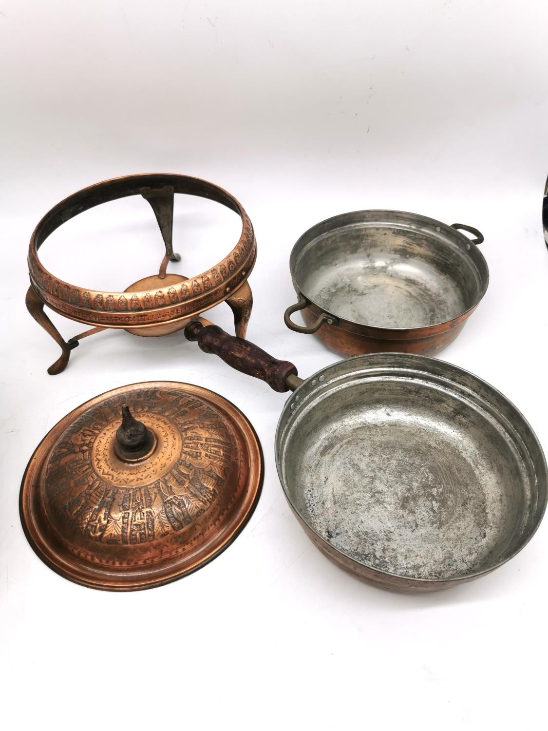 A pair of early 20th century Iranian Nader copper cooking pots with burners with figural design. - Image 4 of 6