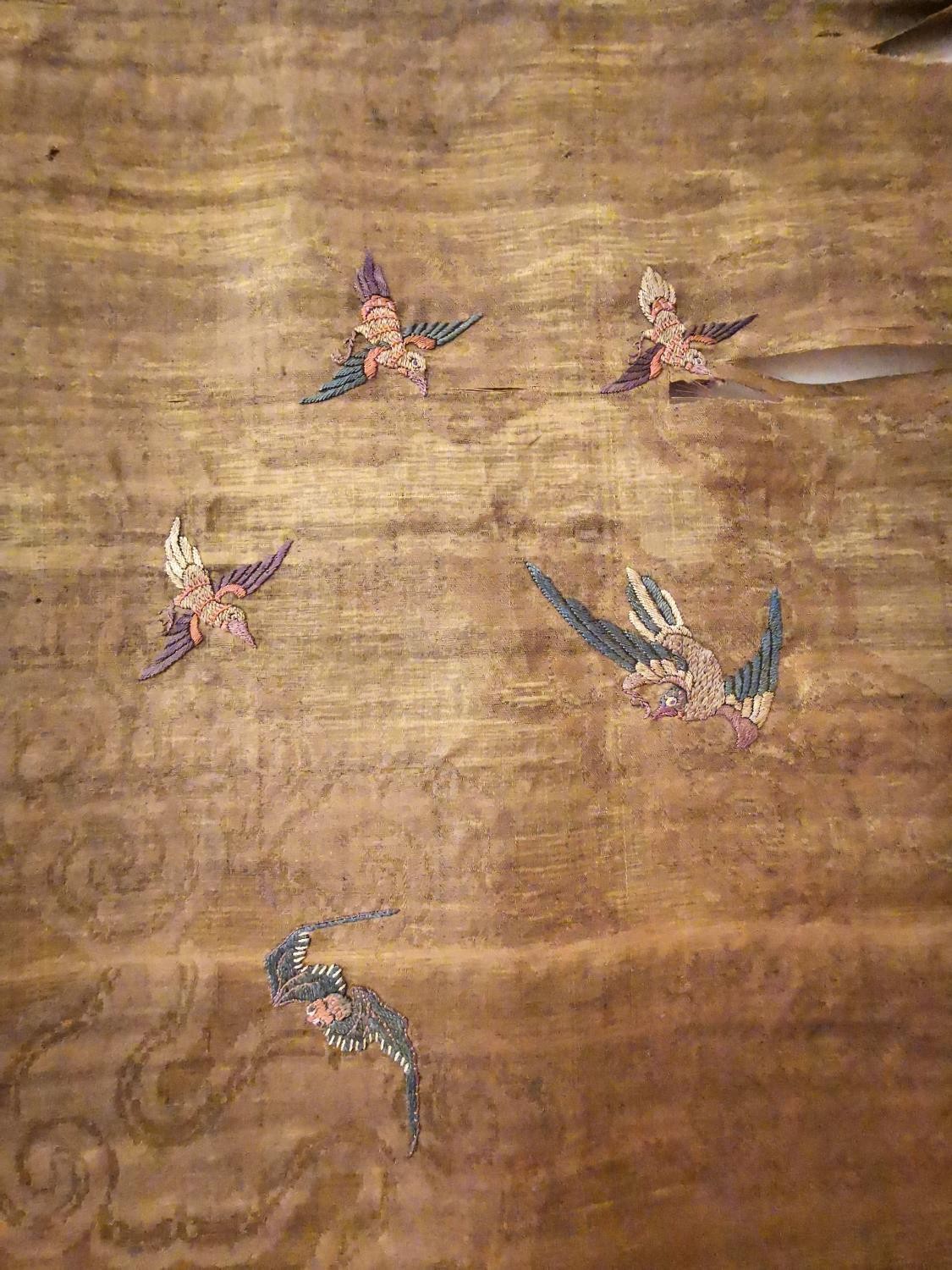 A Chinese 19th Chinese silk embroidered wall hanging decorated with a tree with birds and - Image 4 of 20