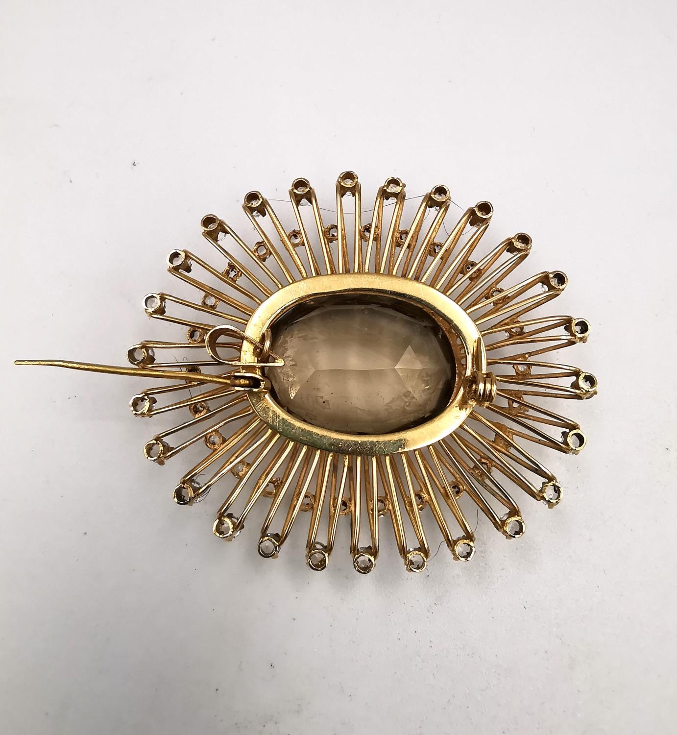 A yellow metal (tests as 9ct) bespoke made sunburst brooch/pendant, set to centre with an oval mixed - Image 6 of 6