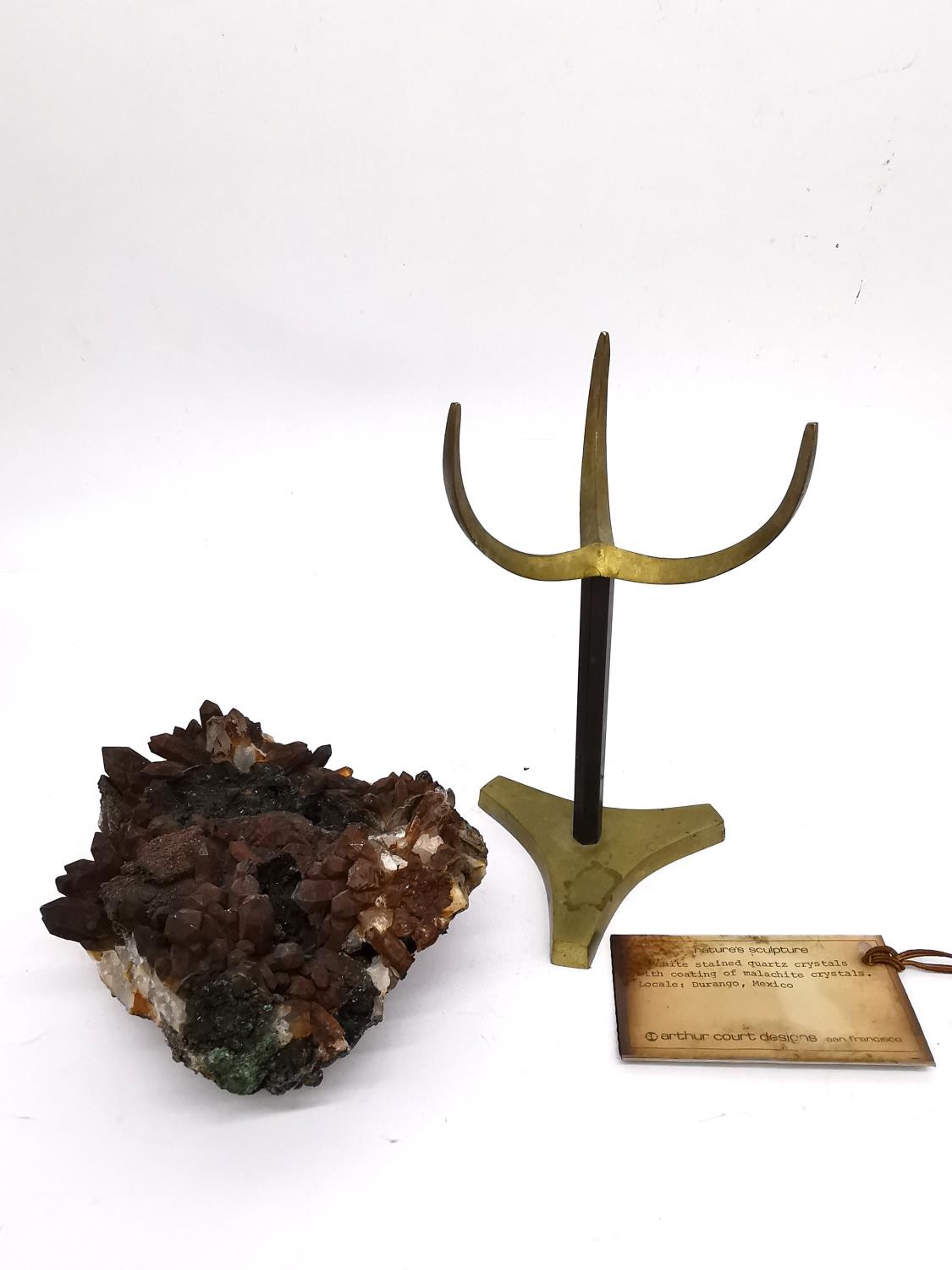 A Limonite stained quartz and malachite crystal specimen from Durango, Mexico. Mounted on brass - Image 8 of 8