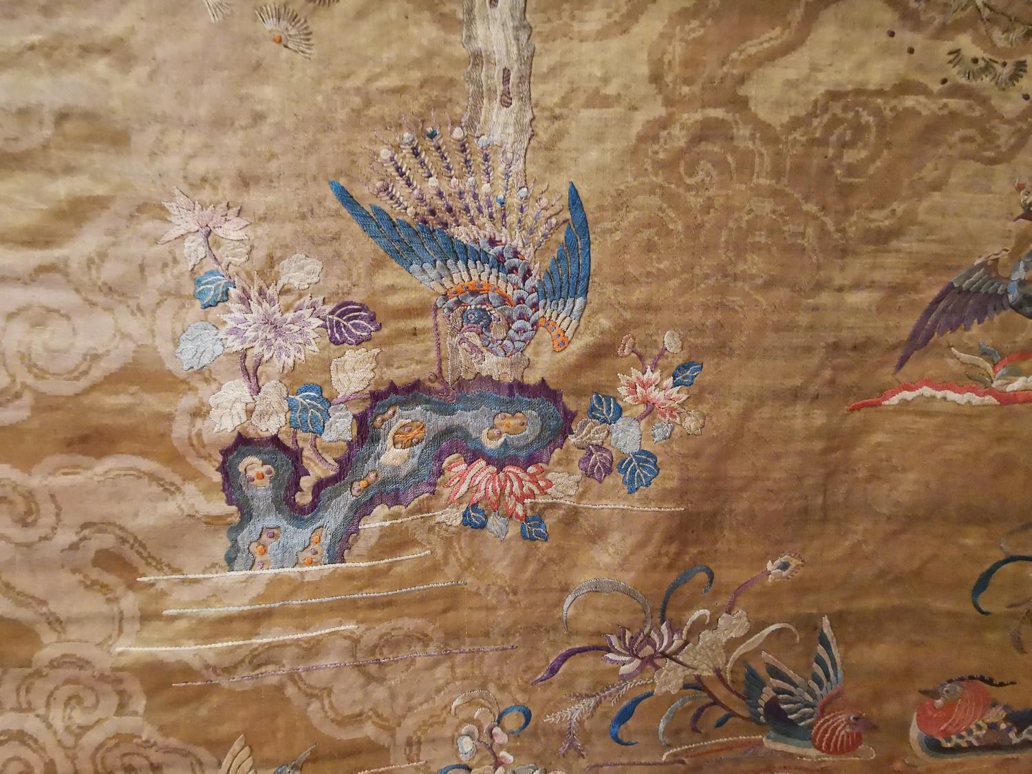 A Chinese 19th Chinese silk embroidered wall hanging decorated with a tree with birds and - Image 12 of 20