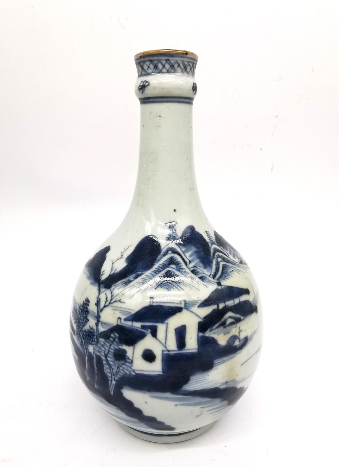 Two 18th century Chinese blue and white bottle vases with pagoda and mountain landscape design. H. - Image 2 of 11