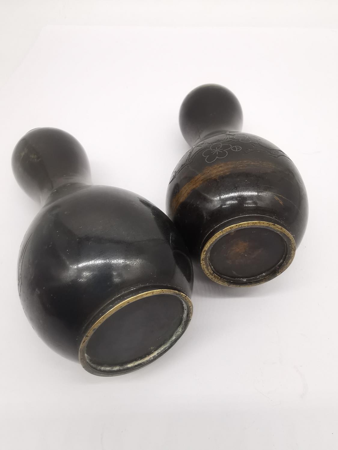 A pair of 19th century bronze Japanese double gourde vases incised with prunus branches and inlaid - Image 6 of 6