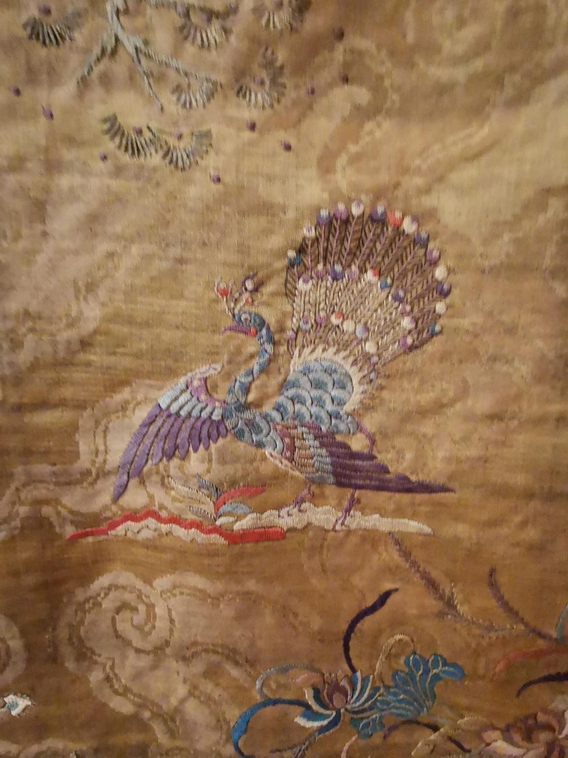 A Chinese 19th Chinese silk embroidered wall hanging decorated with a tree with birds and - Image 13 of 20
