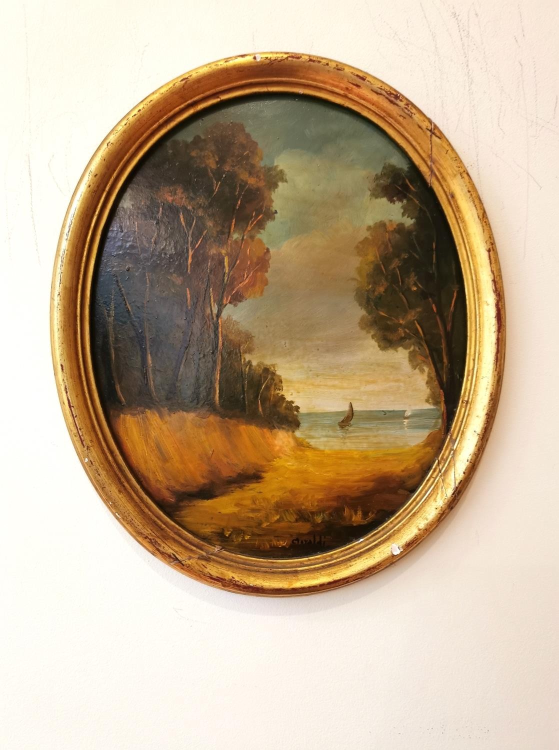 Two gilt framed oval oils on board depicting lake views, signed C.Moraldi. H.34 W.29cm - Image 8 of 13