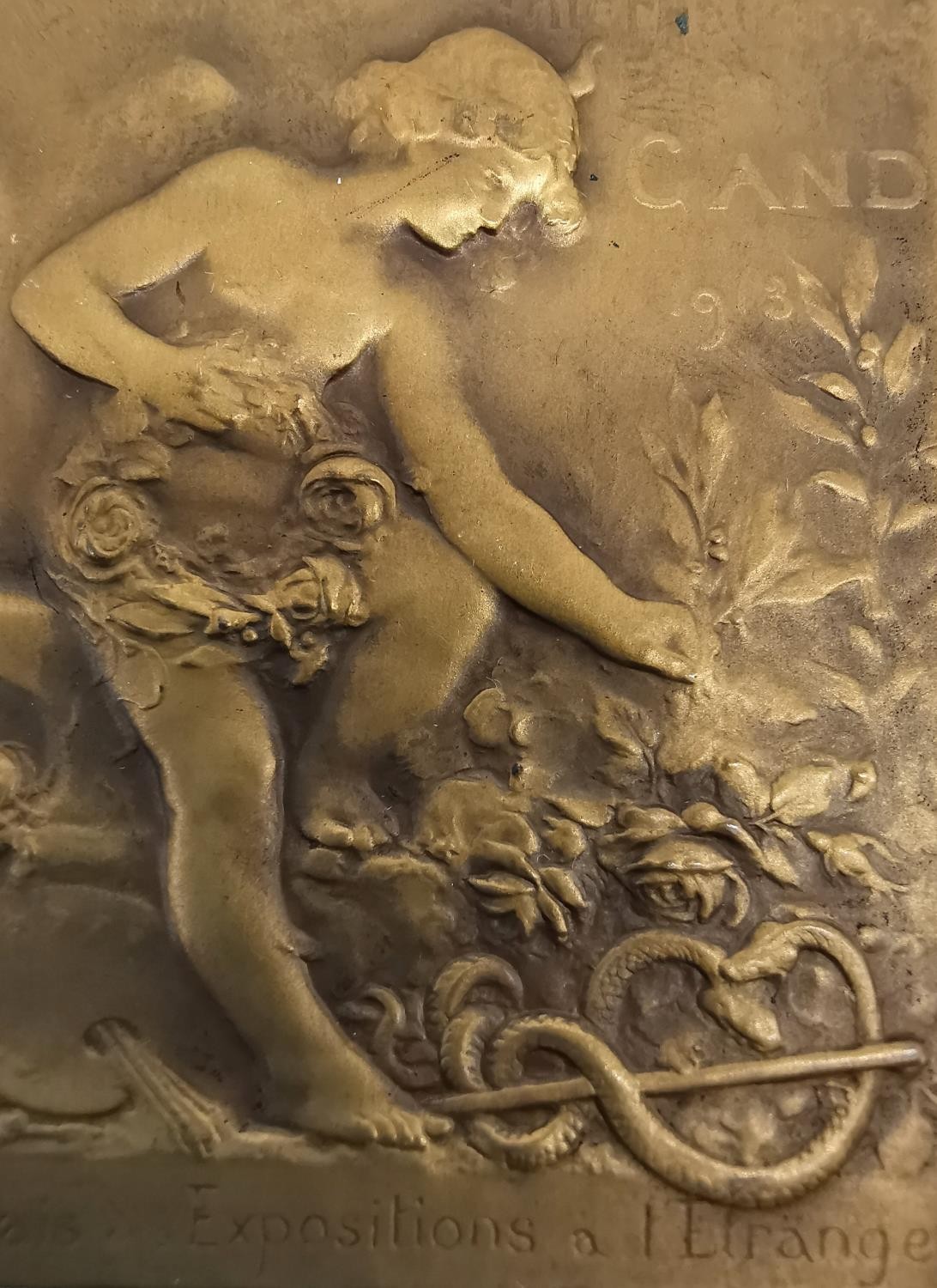 René Grégoire (1871-1945), A early 20th century Art Nouveau bronze plaque depicting a maiden with - Image 4 of 6