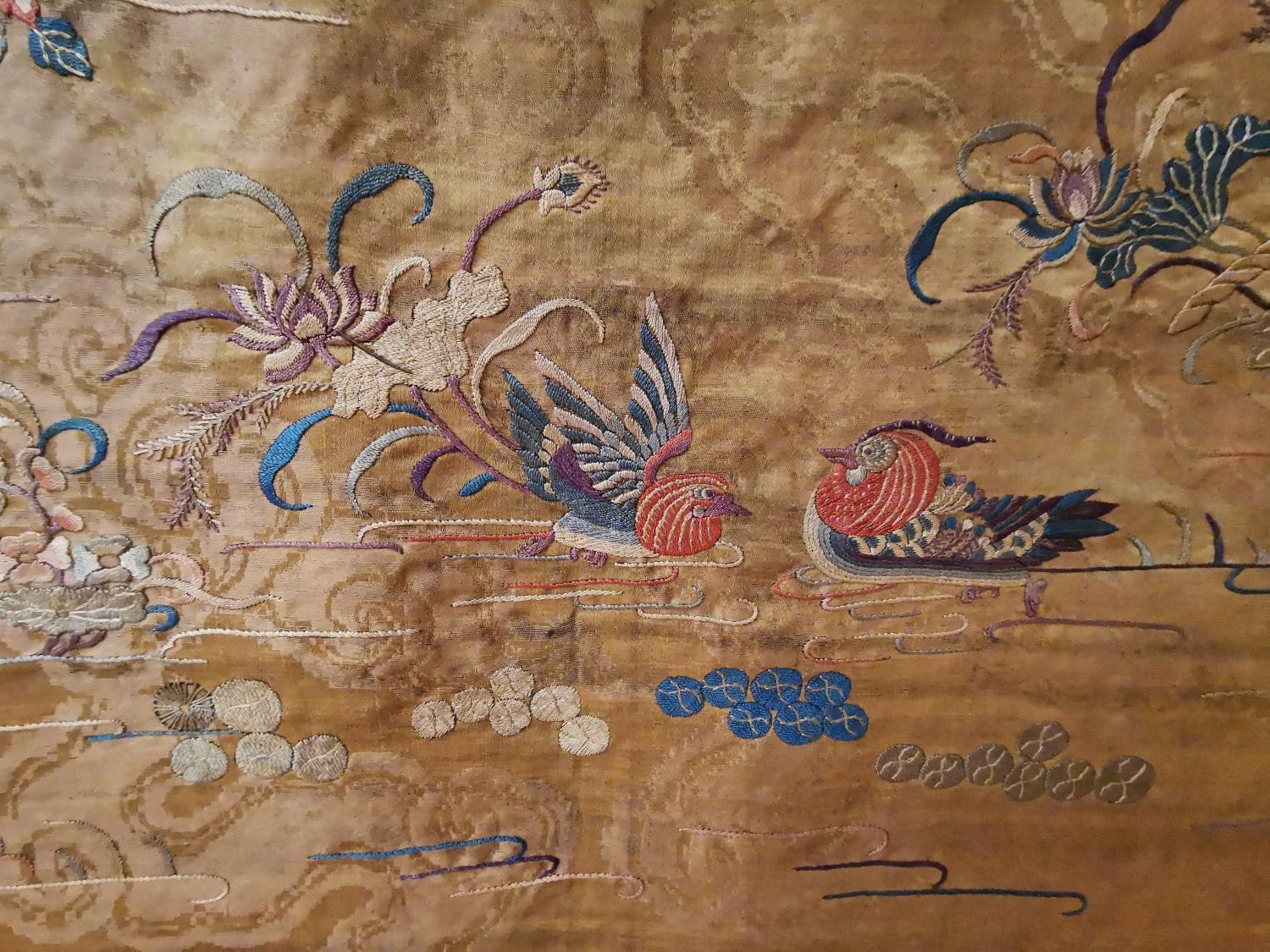 A Chinese 19th Chinese silk embroidered wall hanging decorated with a tree with birds and - Image 15 of 20