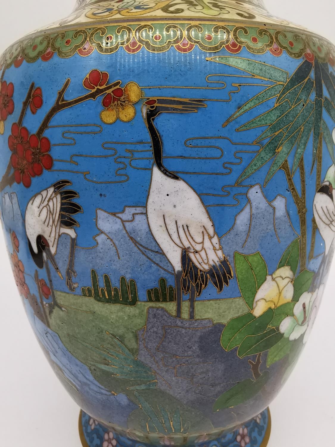 An early 20th century Chinese cloisonné enamel gilt bronze vase with crane, peony and cherry blossom - Image 6 of 9