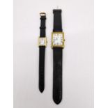 Two gold plated quartz watches, one ladies and one for a gentleman. Ladies watch by Raymond Weil