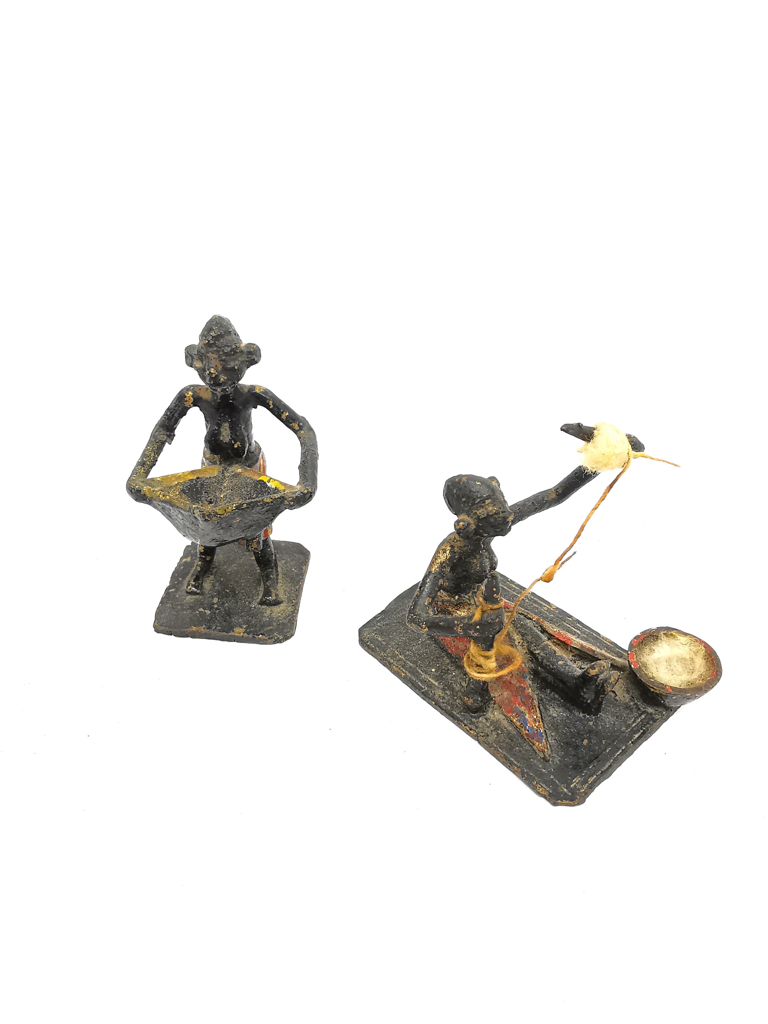Seven miniature African tribal painted metal figures depicting various everyday activities. - Image 3 of 4