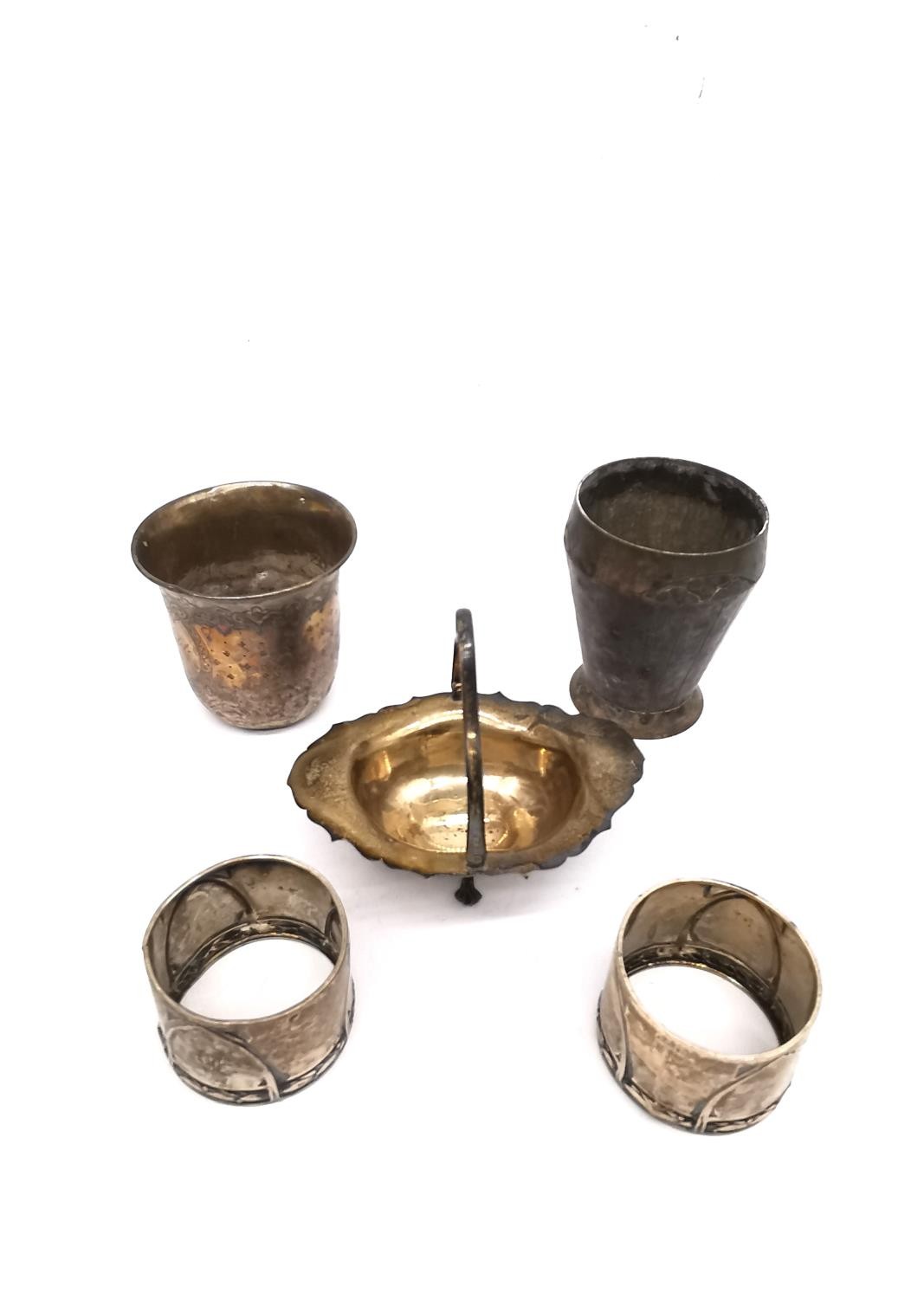 Five pieces of silver and a silver plated Art Deco cup. Two napkin rings by Wilhelm Binder, a - Image 2 of 8