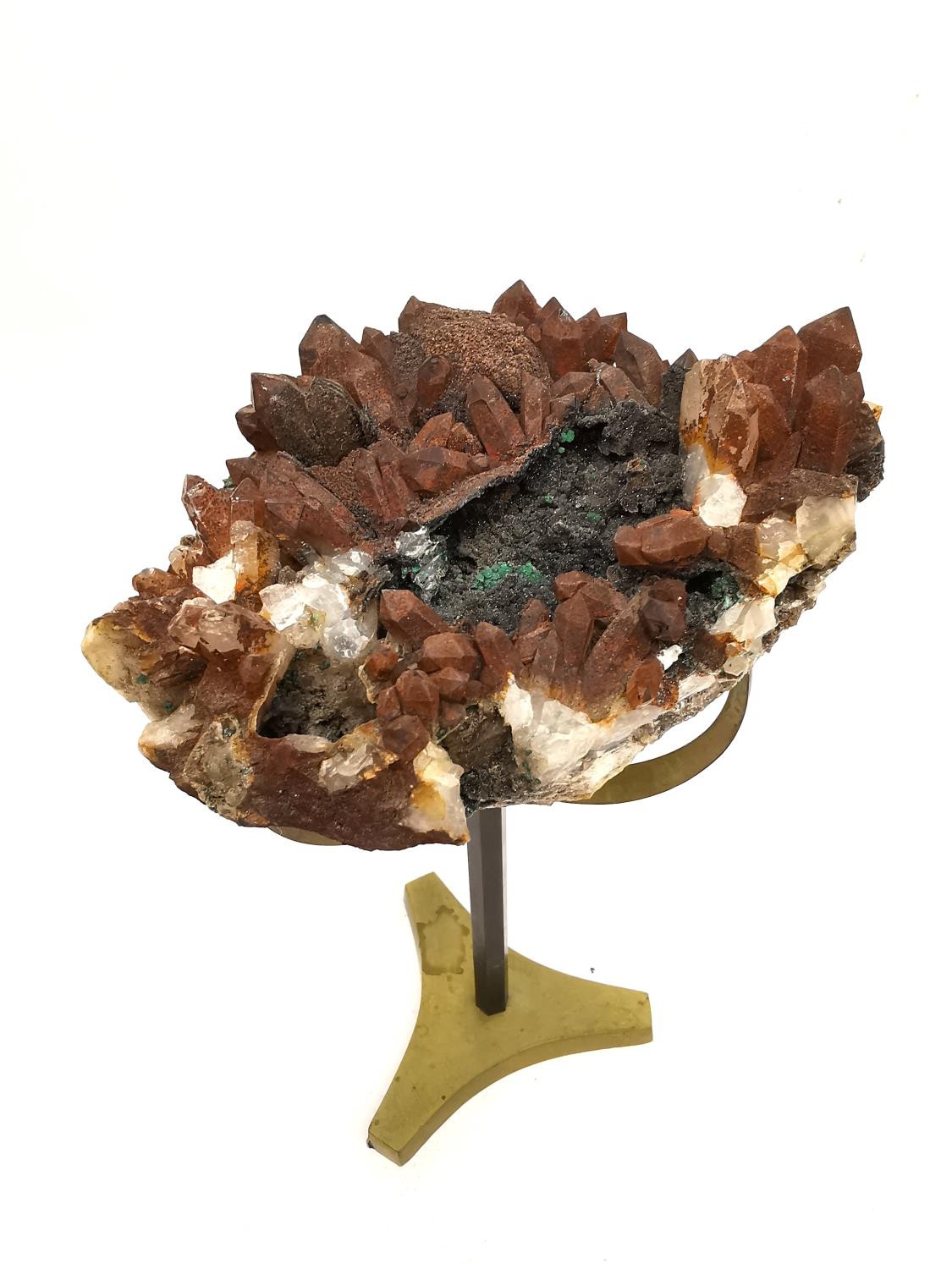 A Limonite stained quartz and malachite crystal specimen from Durango, Mexico. Mounted on brass - Image 3 of 8